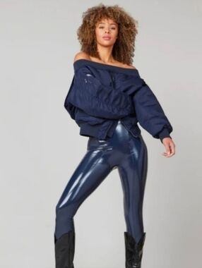 NWT SPANX Faux Patent-leather Leggings Port Navy SZ XL